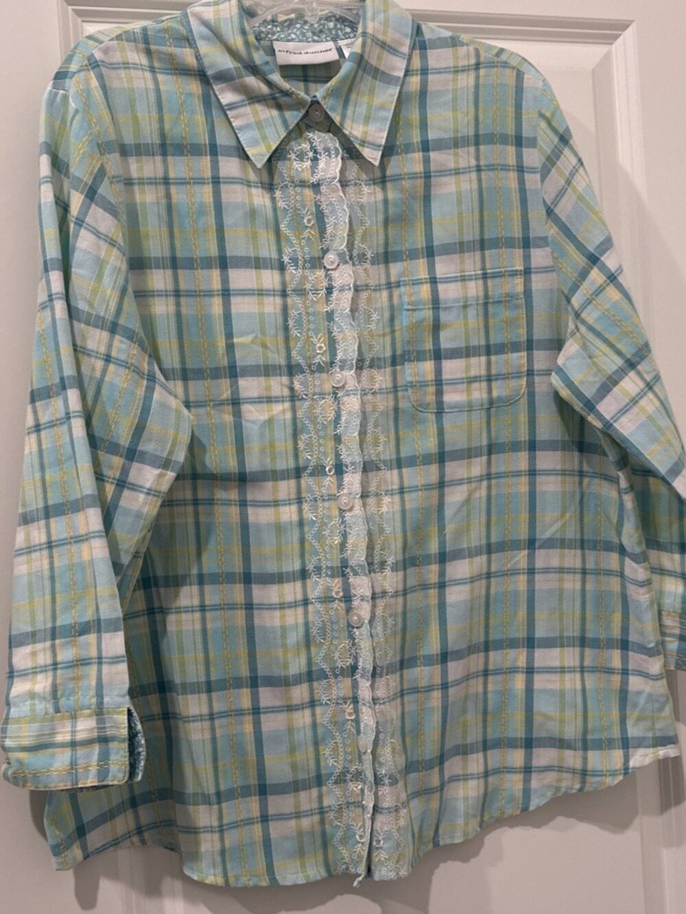 ALFRED DUNNER Plaid Embroidered Button Front Top Mint Blue Size 14